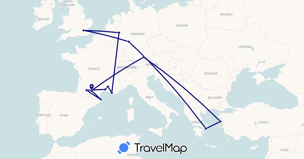 TravelMap itinerary: driving in Germany, Spain, France, United Kingdom, Greece (Europe)